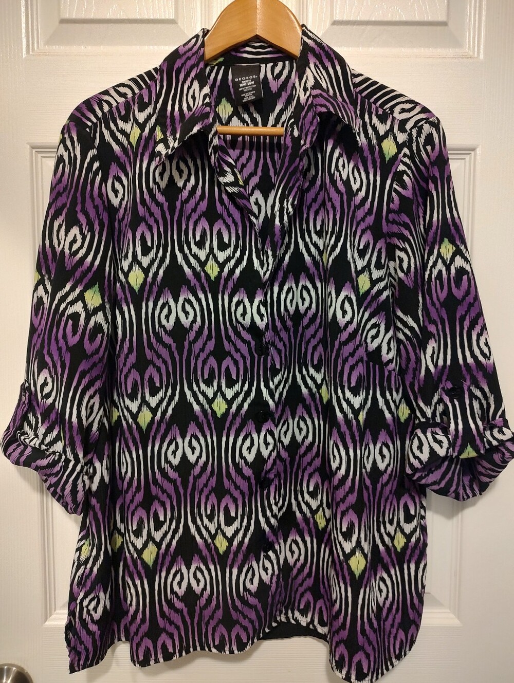 George Black, White & Purple Ikat-Style Blouse with Lime Accents
